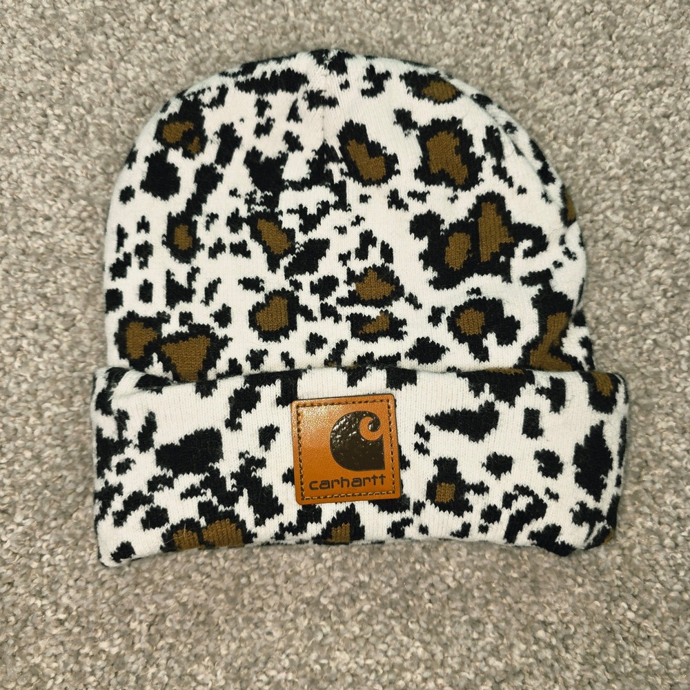 Carhartt Women Leopard Print Beanie White Black Brown Animal Knit Cuffed Hat